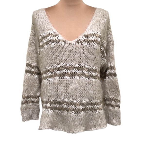 Free People Linus Eyelash Sweater Size Small Cream Tan Striped Pullover - Picture 1 of 9